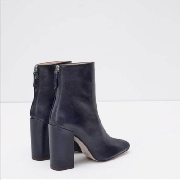 Zara Shoes Zara Navy Blue Genuine Leather Chunky Block Heel Zip